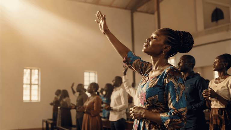 African church congregation in Zambia worshipping indoors with raised hands and warm sunlight streaming through windows