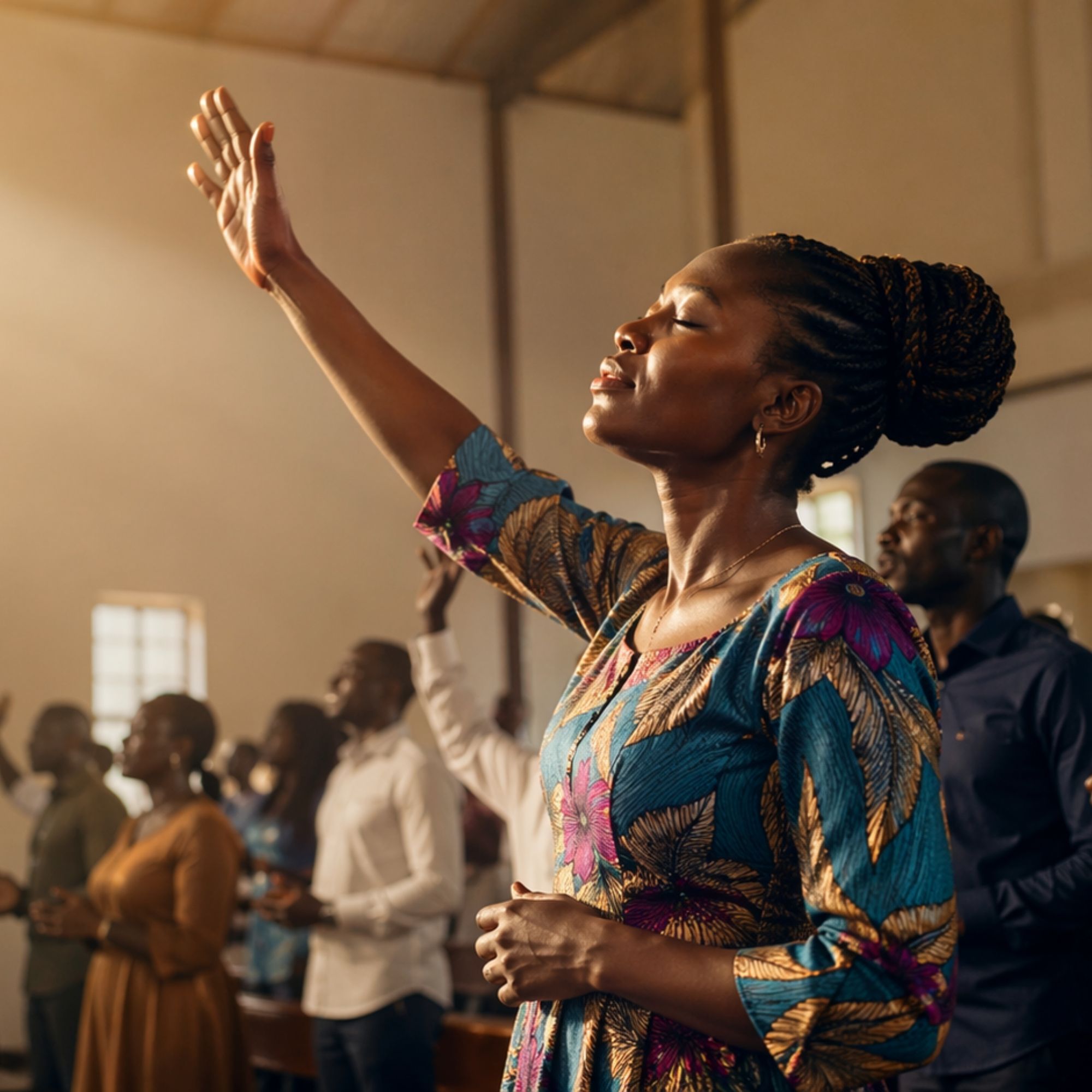 Woman in a colorful dress raising her hand in worship during a New Year’s Eve crossover church service, with others worshipping in the background.