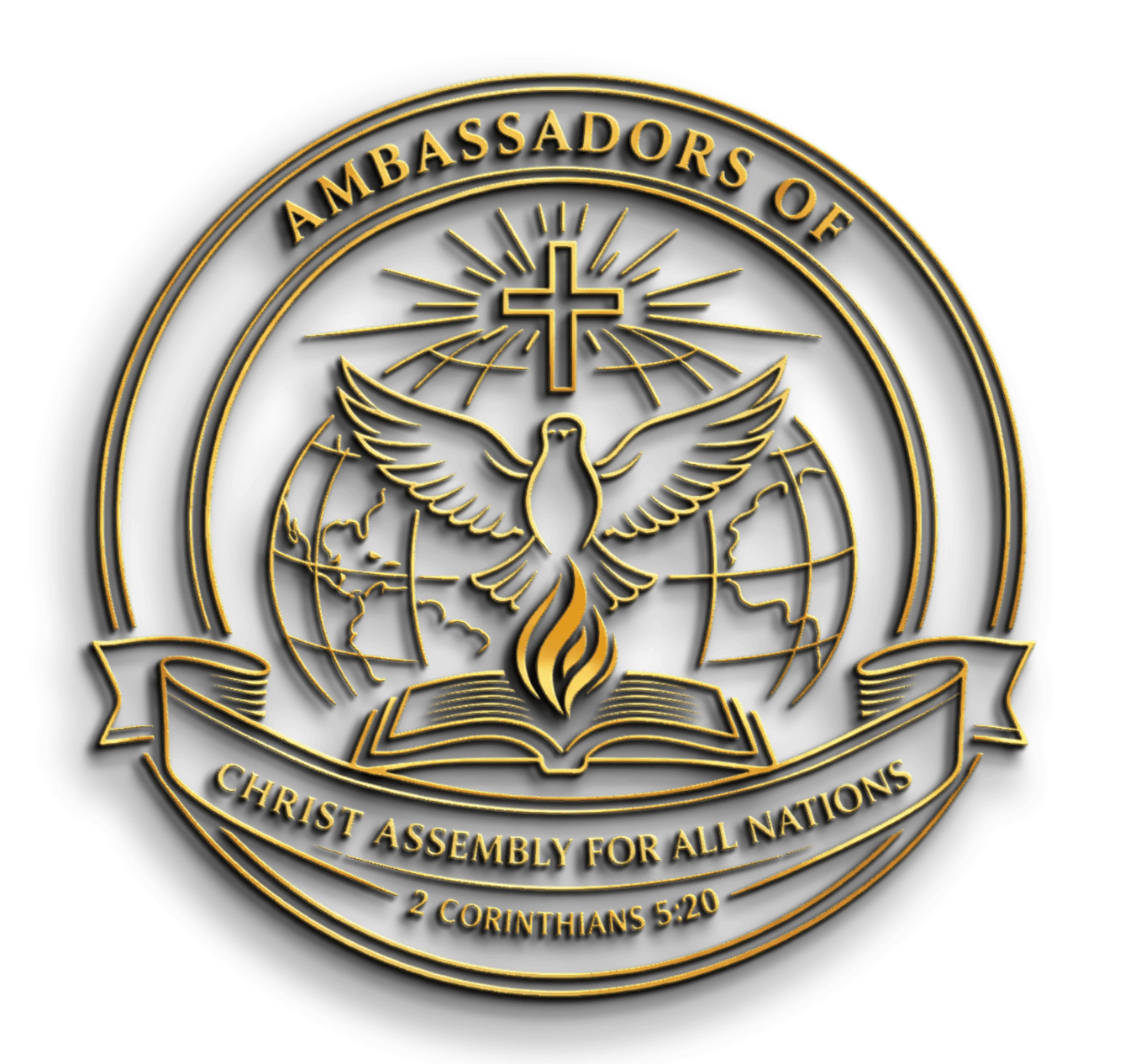 Gold emblem logo featuring a cross, dove, flame, and open Bible over a globe, representing Ambassadors of Christ Assembly for All Nations.